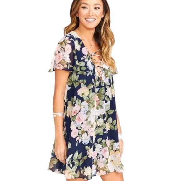 Show Me Your MuMu Kylie Navy Floral Lace-Up Mini Dress - Picture 2 of 6